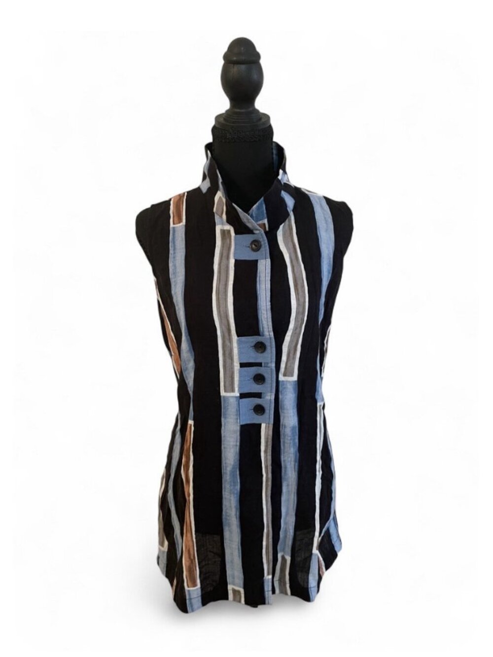 Vincente Lagenlook Blouse Sleeveless Unique Buttons Artsy Tunic Top Stripes